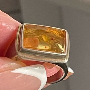 Signed 925 Sterling Silver Ring with Lemon Yellow Clear Amber Stone